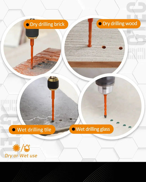 Carbide Eccentric Nine Blade Masonry Drill Bit Set, 10 Pack in use drilling brick, wood, tile, and glass surfaces.
