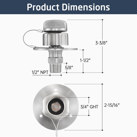 KES all-metal RV water inlet with check valve; brushed 18/8 stainless, 1/2" NPT inlet, mounting flange and 3/4" GHT deck plate.