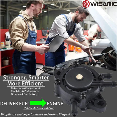 Universal Gas Vacuum Fuel Pump With Filter and Oil Hose in use by mechanics in a workshop, compatible with 17HP to 25HP engines.