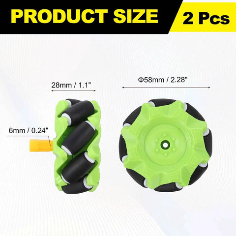 Versatile Mecanum Wheel Set For Smart Robot Cars And DIY Models, green ABS rubber wheels, 58mm diameter, product size details.