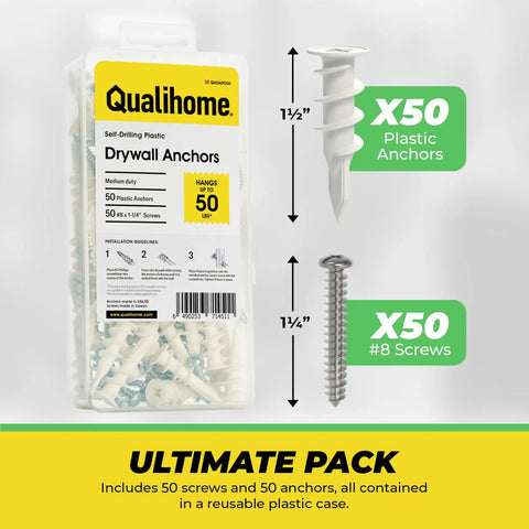 Heavy Duty Self Drilling Drywall Anchors And Screws Kit With Reusable Storage Case Includes 50 Drywall Anchors And 50 Number 8 One And One Quarter Inch Screws For Quick No Pre Drill Install In Drywall Perfect For DIY Projects By Qualihome, showing packaging and product sizes.