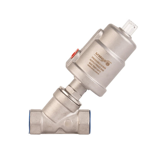 UNOX stainless steel pneumatic valve, 3/4 in (DN20), angle-seat, normally closed, threaded connection
