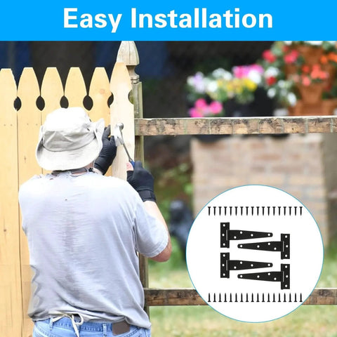 Person installing wooden fence using 4 Pack 6 Inch T Strap Hinges Heavy Duty Outdoor Black Tee Hinge For Wooden Fences Barn Doors Gates