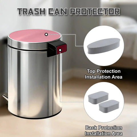 Six Pack Adhesive Wall Guard Bumpers For Trash Cans Round And Square Grey shown with installation areas on a metal trash can.