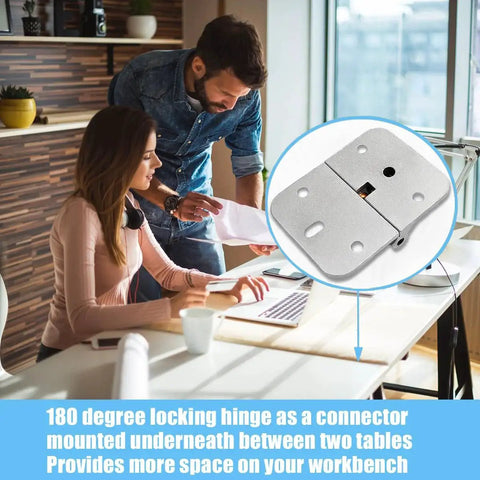 Close-up of ANTEISI 180-degree locking hinge; metal connector for folding tables