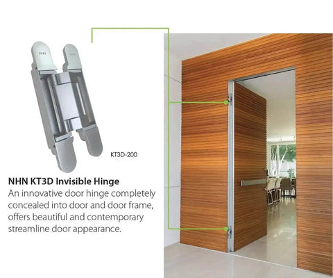 Concealed 3D Adjustable Invisible Hinge Set Of Two Up To 352 Lbs Per Door Satin Chrome For Frameless Doors 180 Degree Opening displayed with door.