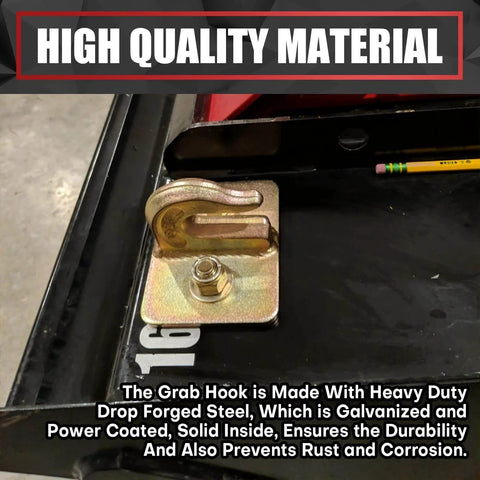 Two Pack Grade 70 Forged Steel Three Eighths Inch Tractor Bucket Grab Hooks With Backer Plate shown mounted on surface