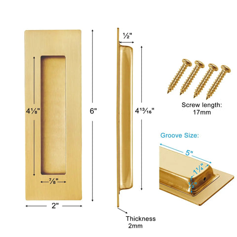 Dimensions and side view of Recessed Finger Flush Pulls For Pocket And Sliding Barn Doors In Brushed Gold Stainless Steel.