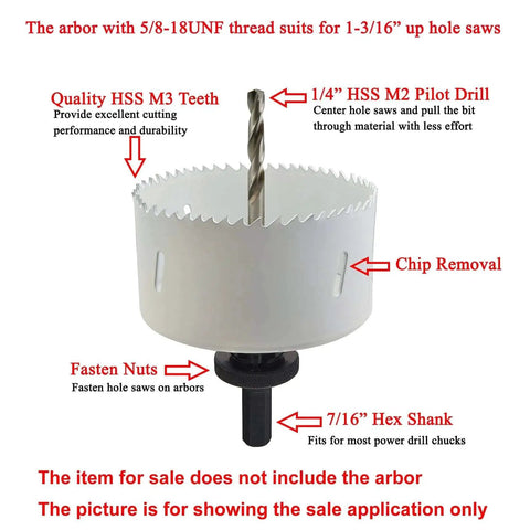 Bi Metal Hole Saw 6-1/4 Inch With Cobalt M42 High Speed Steel Edge For Metal Wood Plastic, showing arbor and pilot drill