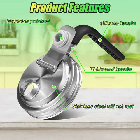 Stainless Steel Pour Spout Lid With Handle For Wide Mouth Jars, Spillproof Flip Cap shown on kitchen counter with features labeled