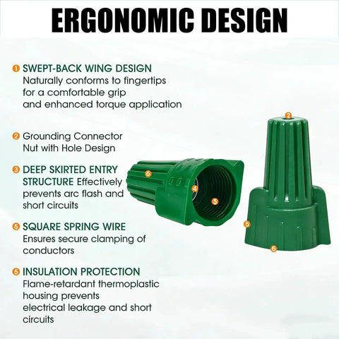 Ergonomic design of winged ground wire connector nuts, UL 467 and CSA listed, showing swept-back wing and flame retardant material.