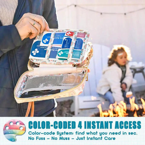 Person holding open Rescue Pack Family First Aid Kit With 200 Piece Medical Supplies, colorful bandages visible, outdoor setting