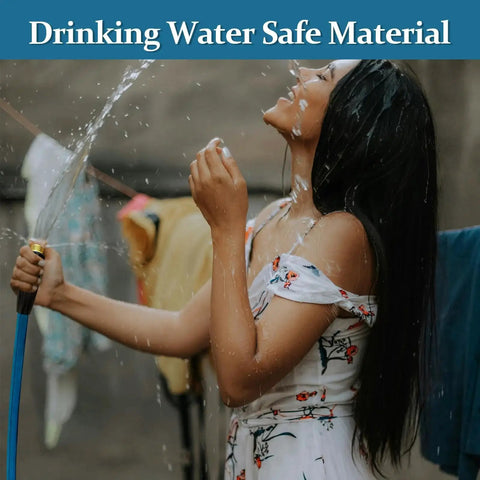 A woman enjoying water from the TPE Garden Hose 50 Feet Ultra Light Flexible Water Hose With Solid Brass Fittings Non Shrinking And Easy To Store Drinking Water Safe Material All Weather Sea Blue.