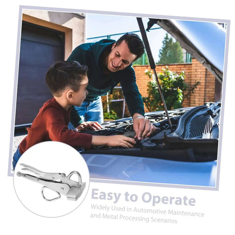 Father and son working on car engine, with inset of Heavy Duty Auto Body Sheet Metal Clamp Pliers With Wide Duckbill Jaw for welding.