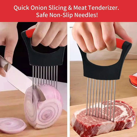All In One Onion Holder And French Fry Cutter Set With Vegetable Chopper Meat Tenderizer And Wavy Potato Slicer in use