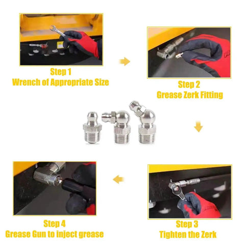Pro Grade Quarter Inch 28 Thread Grease Fitting Assortment Kit With Straight 45 Degree And 90 Degree Zerk Fittings, Galvanized Steel