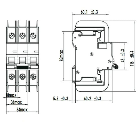 Technical drawing of a 4A 120V AC DIN Rail Mount Single Pole Circuit Breaker with C Curve Trip UL489 Listed, dimensions indicated.