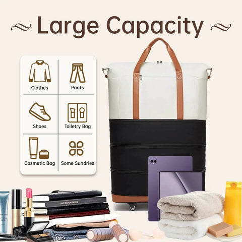 Expandable Travel Duffle Bag With Wheels That Grows From Compact To 130L A Rolling Foldable Duffle shown expanded with items.