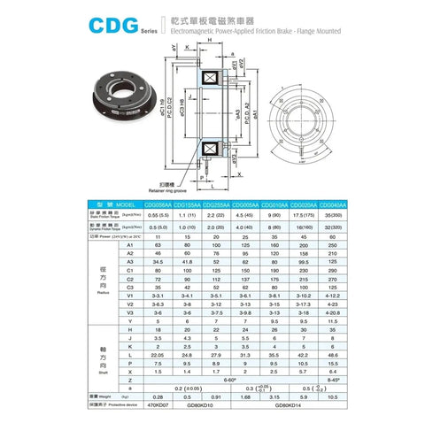 Electromagnetic brake, 24V, CDG flange-mounted for Zipper Machine CDG040AA (front view)