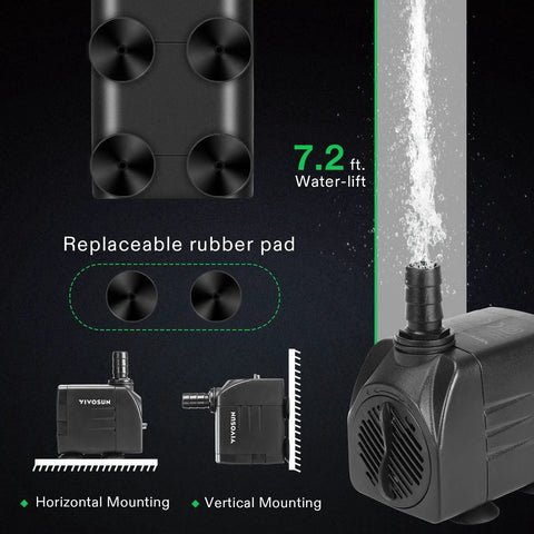 VIVOSUN 480GPH submersible fountain pump, black with 3 nozzle attachments and 7.2 ft lift