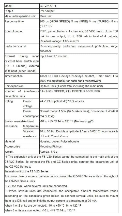 Specification sheet for Keyence CZ-V21AP Fiber Optic Color Mark Sensor PNP Output New With Four Channel Open-Collector 30 VDC Max High Speed.