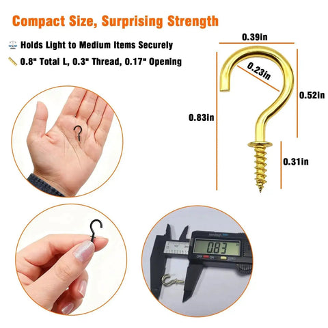 Hand holding a half-inch small screw hook, part of a 120 pcs set. Rust resistant coated steel, gold finish for hanging plants, lights, jewelry.