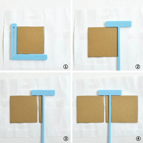 Six Piece Bookbinding And Scrapbooking Tool Kit with Durable Plastic Templates showing stencil use for cutting cardboard squares.