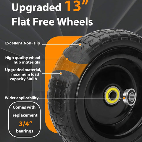 Thirteen Inch Flat Free Wheels Replacement for Garden Carts and Hand Trucks Four Point Zero Zero To Six Solid Tires With Five Eighth Inch Bearings No Flats Maintenance Free Puncture Proof Easy Swap Upgrade for Yard Carts view