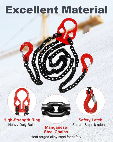 Front view of WENHUALI 5/16 in x 10 ft lifting chain with red adjuster hooks and safety latch