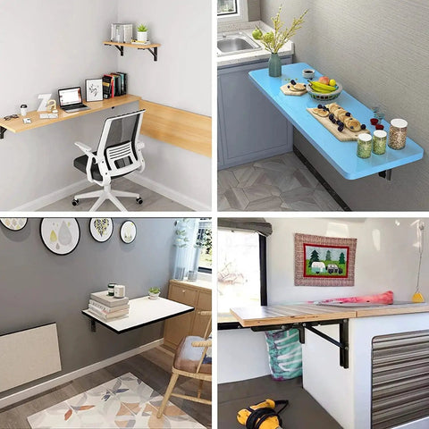Heavy Duty 16 Inch Folding Shelf Brackets Pack Of 2 By YUMORE installed as folding tables and shelves in various rooms.