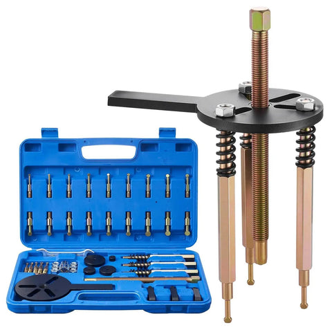 36 Piece Bearing Puller Set With 3 Jaw Hook Pullers For Internal External Bearings displayed with blue case and open view