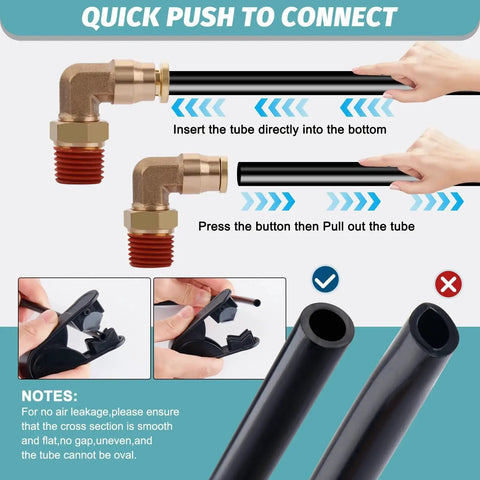 Heavy Duty 50 Feet Quarter Inch Air Hose With 11 Piece Push To Connect Fittings Kit showing connection steps and nylon tubing.