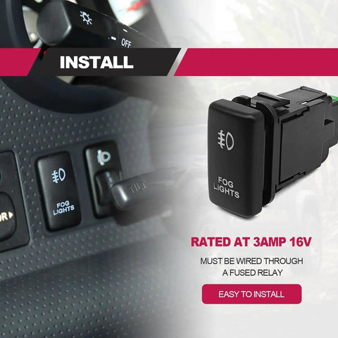 LED Fog Light Symbol Push Button Switch With White Backlit On Off Kit Connector Wire Included Rugged ABS Rocker Easy Install Plug And Play Ready Works With Toyota Tacoma Tundra 4Runner FJ Cruiser Hilux Fortuner And More installed in dashboard