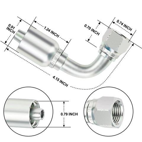 Beefy Three Eighths Inch Hydraulic Fittings 90 Degree JIC Hose Crimp Kit for repair of hydraulic lines, close-up details
