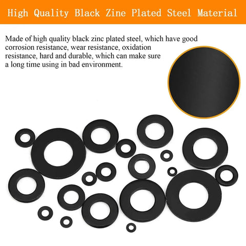 Flat Washer Kit 1100 Pcs Black Zinc Plated Assorted Washers In 9 Sizes M2.5 By 0.2mm, M2.5 By 6mm, M3 By 7mm, M4 By 7mm, M5 By 10mm, M6 By 12mm, M8 By 16mm, M10 By 19mm, M12 By 24mm For Furniture, Mechanical Repairs And DIY Projects displayed in various sizes and arrangements