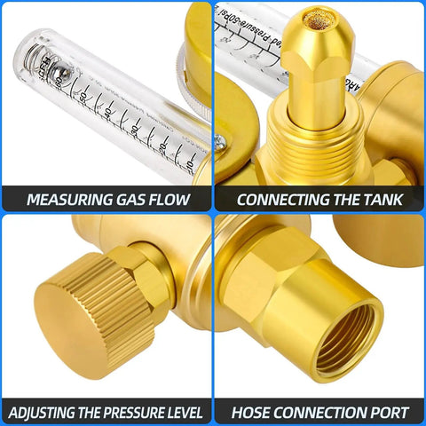 Argon Regulator Flow Meter For TIG MIG Welding With Six Point Five Foot Hose CGA580 inlet, showing gas flow, tank connection, pressure adjustment, and hose port.