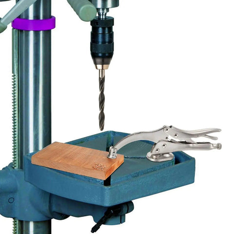 Two Pack 9 Inch Drill Press Clamps With Locking Mechanism holding wood on drill press slot