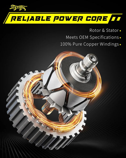 Upgraded 100A 12V Alternator For Toyota Camry, Corolla And RAV4 showing rotor, stator, and copper windings with OEM specs