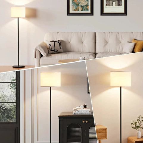 60 Inch Black Floor Lamp With White Shade And Foot Pedal Switch For Living Room next to beige sofa and framed art
