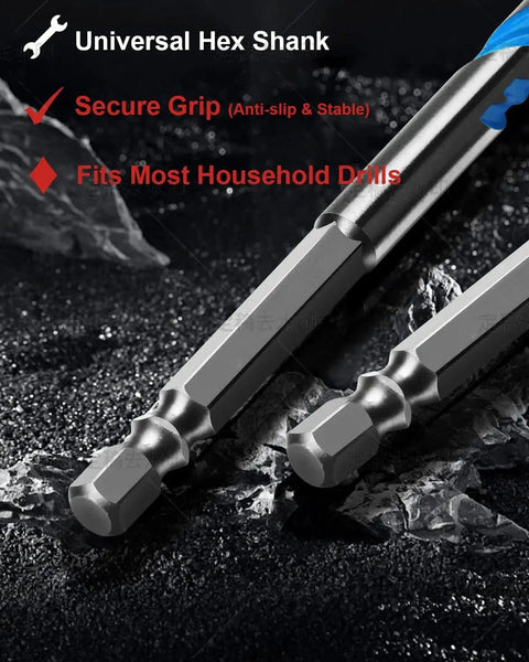 Close-up of hex shank from Pro Grade Masonry Drill Bit Set Ten Pieces Shockproof Six Inch Carbide for concrete and tile use
