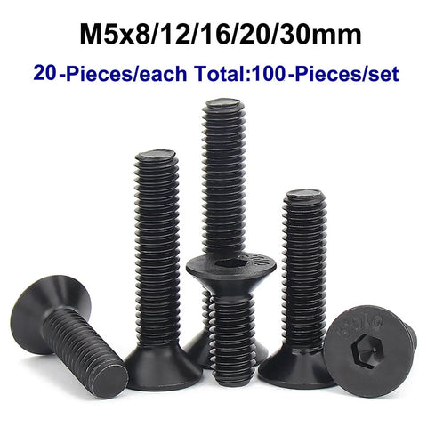 Flat Head Hex Socket Cap Screws Set M5 8 12 16 20 30mm Fully Threaded Rugged Black Oxide Alloy Steel Grade 10.9 CSK Allen Head Machine Screws With Hex Key HanTof displayed in assorted lengths