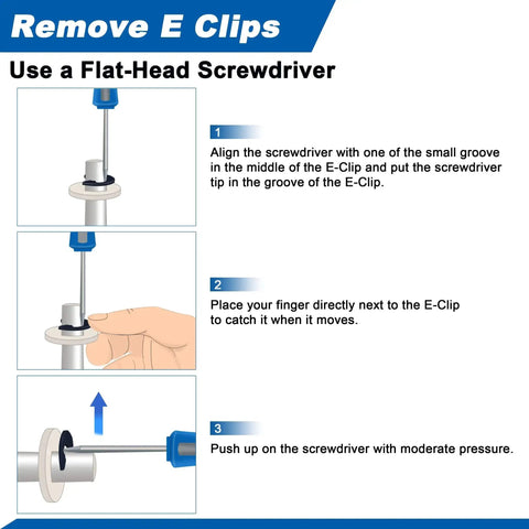 Remove E Clips instructional diagram showing steps with a flat-head screwdriver; aligns, presses, and removes E-clip from shaft.