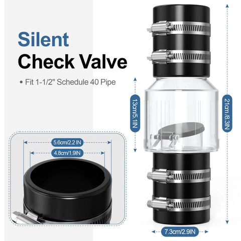 Silent Check Valve 1-1/2 in with clear body, spring-loaded flapper, Buna-N couplings, clamps for sump pump backflow