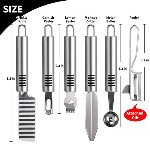 Six Piece Stainless Steel Fruit Carving Knife Set With Melon Ball Scoop V Shape Cutter Lemon Zester Garnish Peeler Crinkle Knife And Wave Knife For Fruit Platters And Vegetable Salads displayed vertically