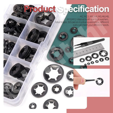 Hilitchi 351-piece internal-tooth star lock washer set in a clear box; 9 sizes M2–M12, black oxide finish, includes tweezers