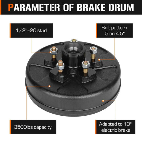 Brake drum hub for trailer axle, 5 on 4.5-in bolt pattern, 10 in diameter, 2-1/4 in wide, 3500 lb capacity