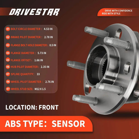Front Wheel Hub & Bearing Assembly Pair (5 Lug w/ABS) for Buick LeSabre, Cadillac, Chevy, Pontiac, Olds specs