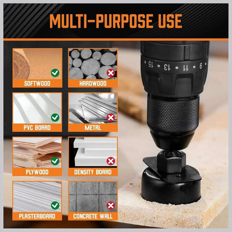 Drill with Complete 24 Piece Hole Saw Kit demonstrating multi-purpose use on materials like softwood, PVC, and plywood.