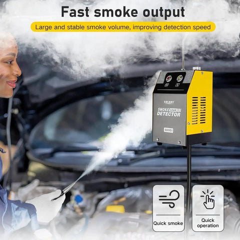 Automotive Smoke Machine Leak Detector With Built In Air Pump 12V DC EVAP Vacuum Diagnostic Tester in use by technician.