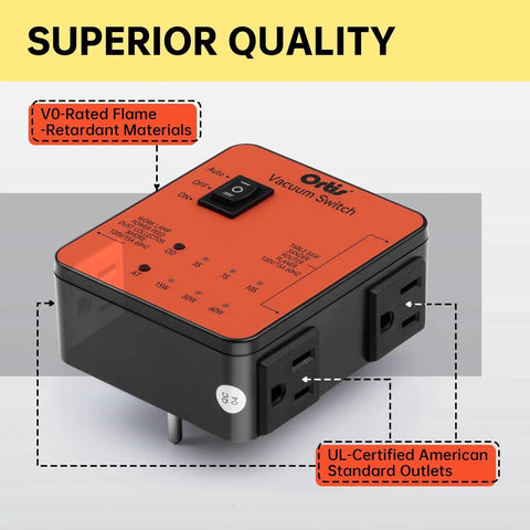Front view of Automatic Vacuum Switch For Two Tools Ortis Plug In Dust Control Autoswitch with orange casing and two tool sockets.